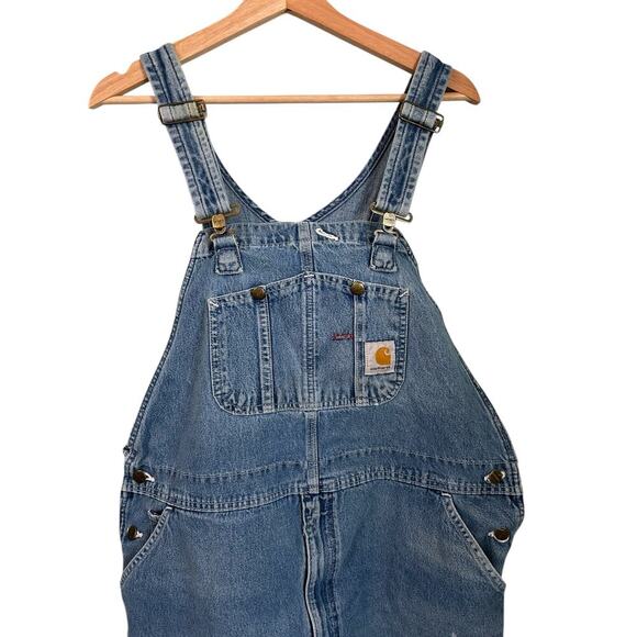 Carhartt Denim Bib Overalls Blue Medium Wash Distressed Grunge Farmer 42x28 - Picture 3 of 11